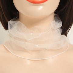 Chiffon Neck Collar Ruffles Infinity Scarf Faux Pearl Decor