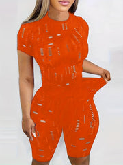 Solid Two piece Set Mock Neck Short Sleeve Tops & Slim Shorts Outfits