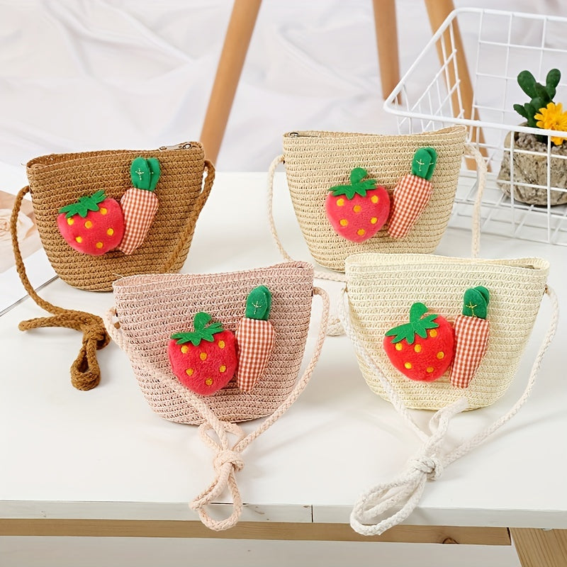 Girls Strawberry Carrot Woven Shoulder Bag Coin Purse Crossbody Bag