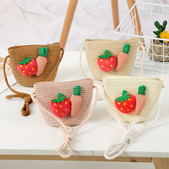 Girls Strawberry Carrot Woven Shoulder Bag Coin Purse Crossbody Bag