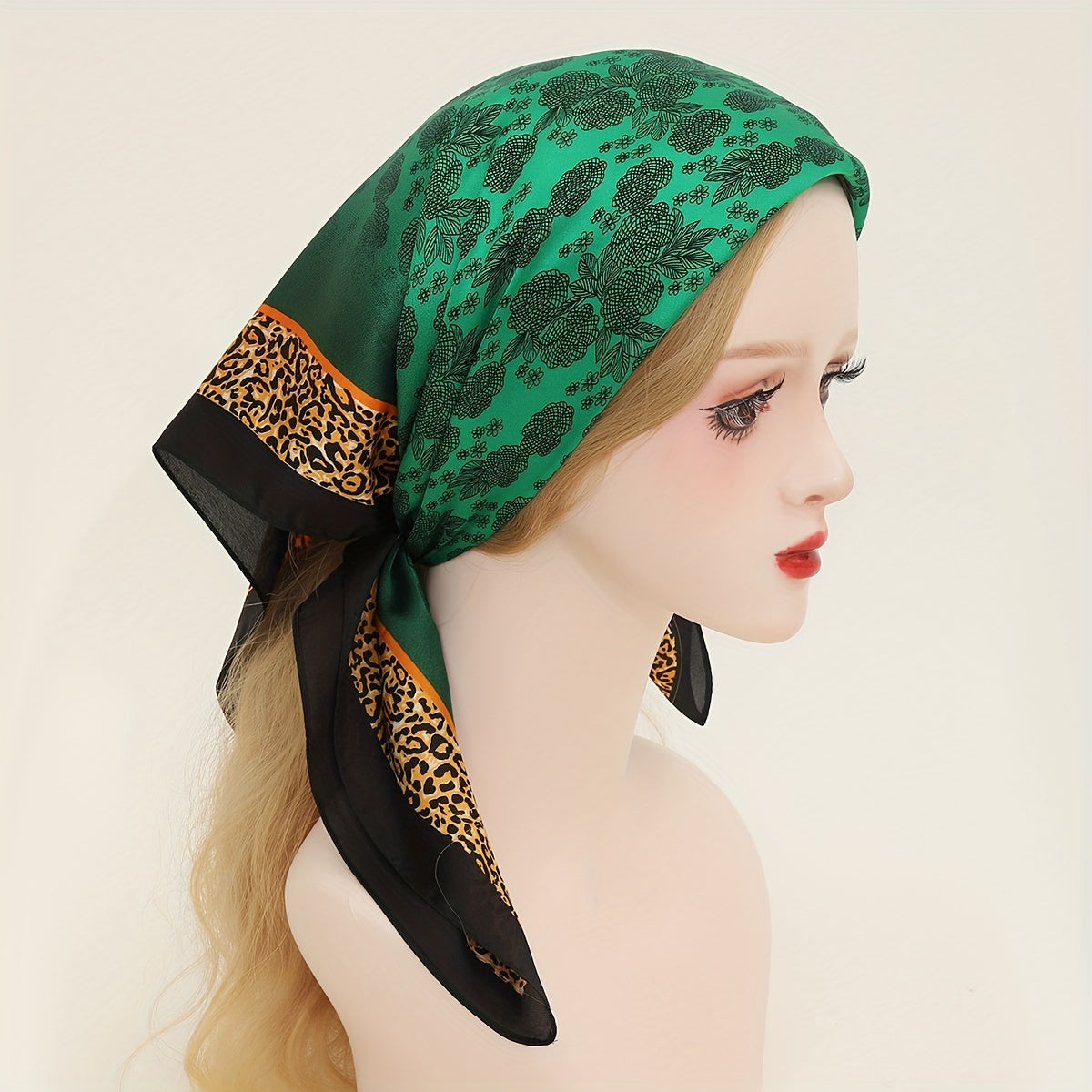 Green Leopard Print Bandana Satin Square Scarf