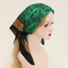 Green Leopard Print Bandana Satin Square Scarf
