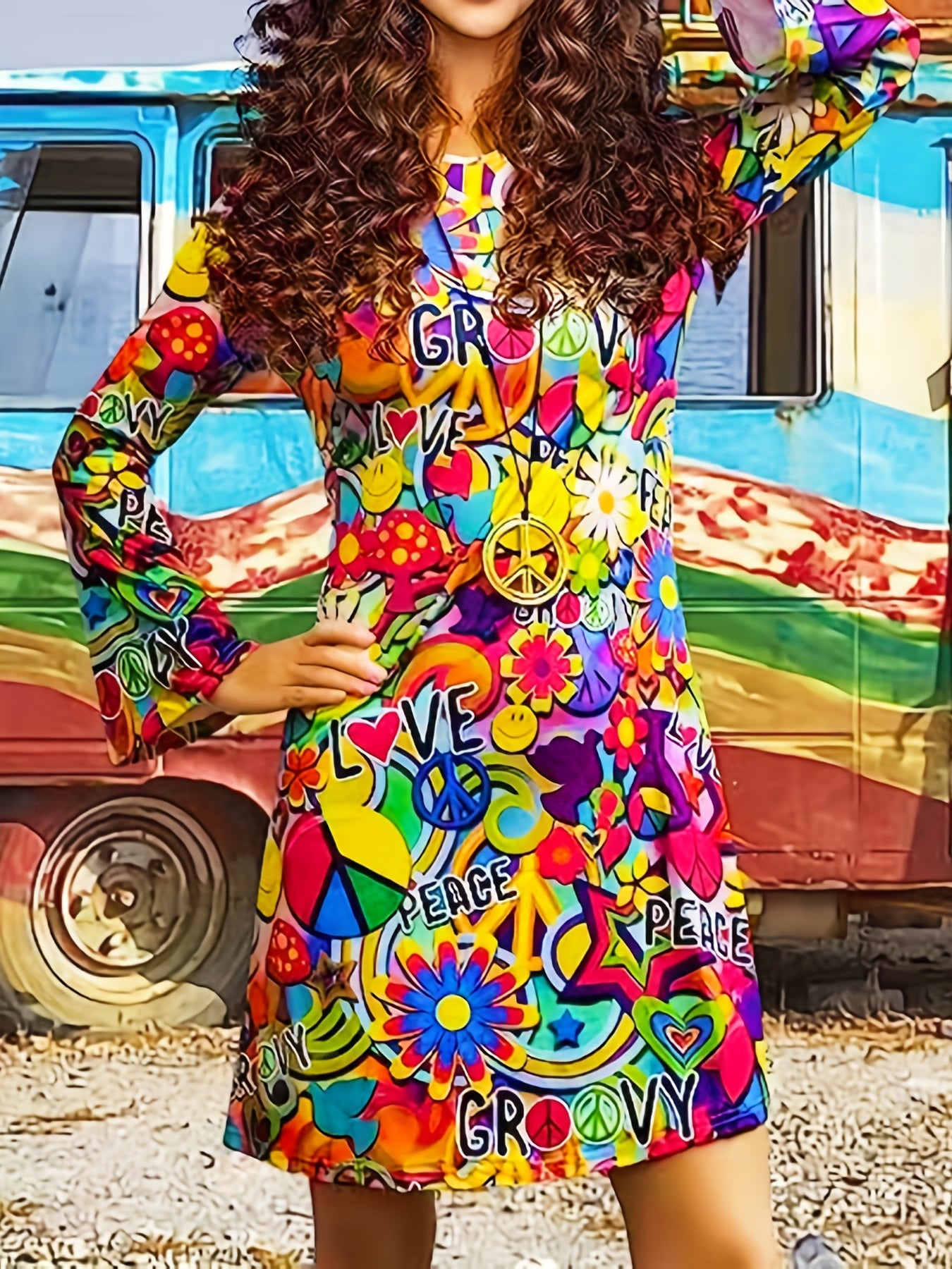 Hippie Halloween Cosplay Dress Long Sleeve Random Print Party Dress