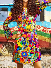 Hippie Halloween Cosplay Dress Long Sleeve Random Print Party Dress