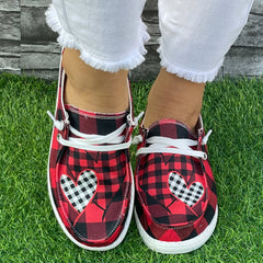 Love Red Grid Boat Shoes Women's Versatile Shallow Mouth Casual Sneakers
