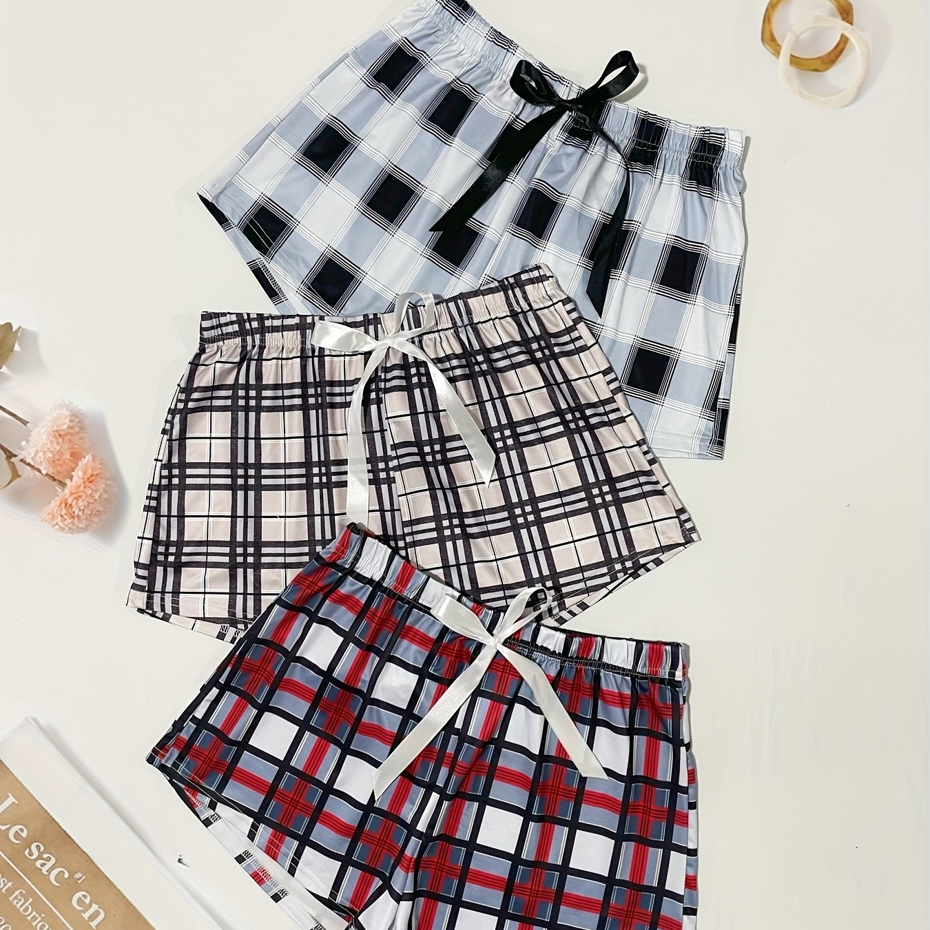 3 Pack Plus Size Casual Loungewear Shorts Women's Plus Plaid Print