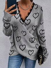 Heart Pattern V Neck Pullover Sweater for Fall & Winter