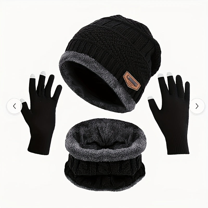 Winter Knitted Hat Scarf Gloves Set Velvet Lining Touch Screen Thermal Gloves