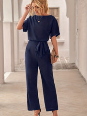 Solid Crew Neck Short Sleeve Jumpsuit High Waist Wide Leg Long Length With Belt