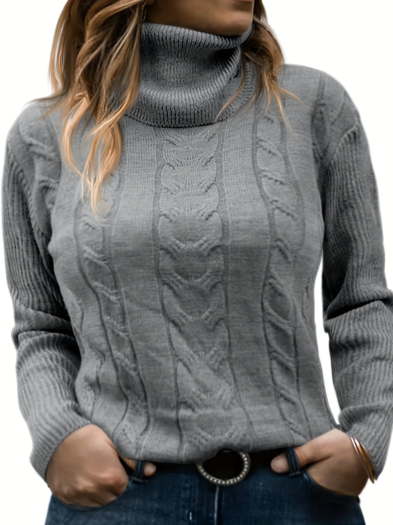 Casual Solid Jacquard Turtle Neck Stretch Sweater