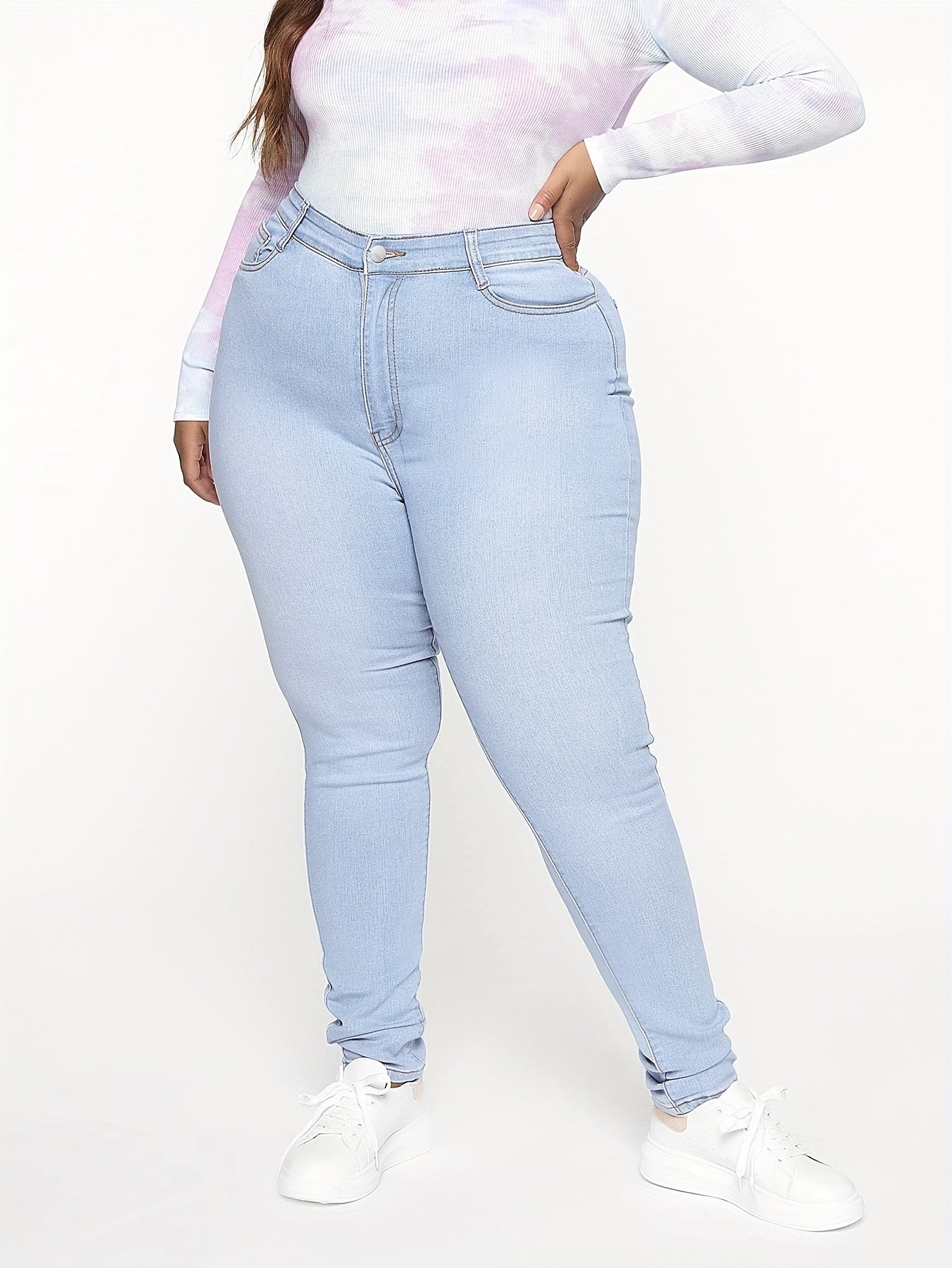Solid Button Fly High Rise Stretch Jeans