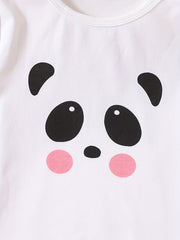 Girls Panda Graphic Pajamas Set Crew Neck Top & Pants Sleepwear