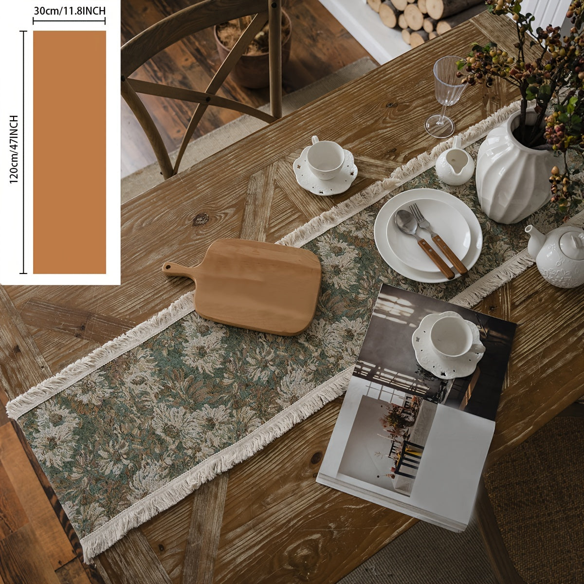 Polyester Table Runner Green Painting Table Flag American Tassel Party Decoratio