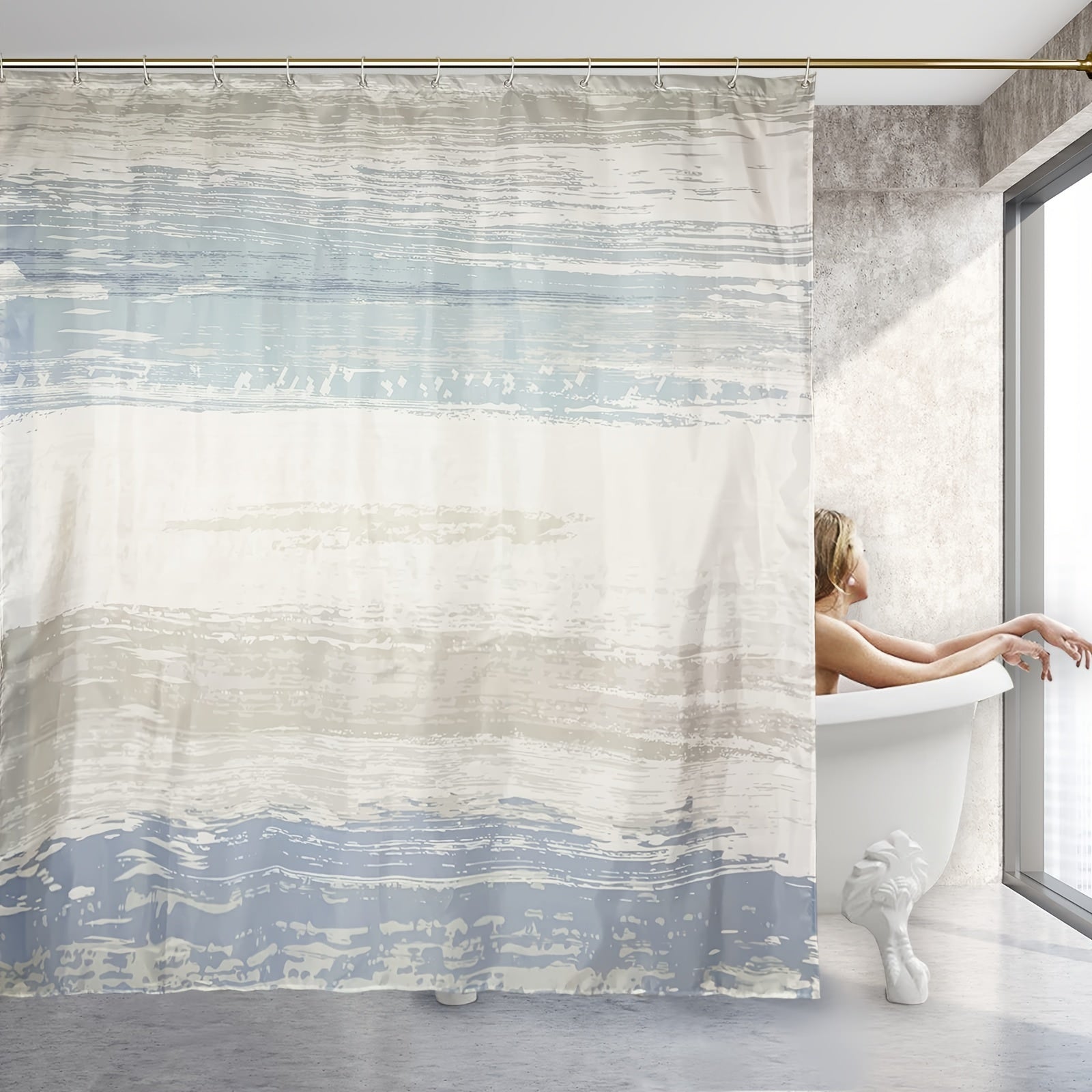 4 Pc Bathroom Set: Curtain, Rugs, Non-Slip Mat, Toilet Lid Cover, Hooks