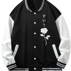 Rose Pattern Embroidery Varsity Jacket Men's Casual Block Button Up Jacket