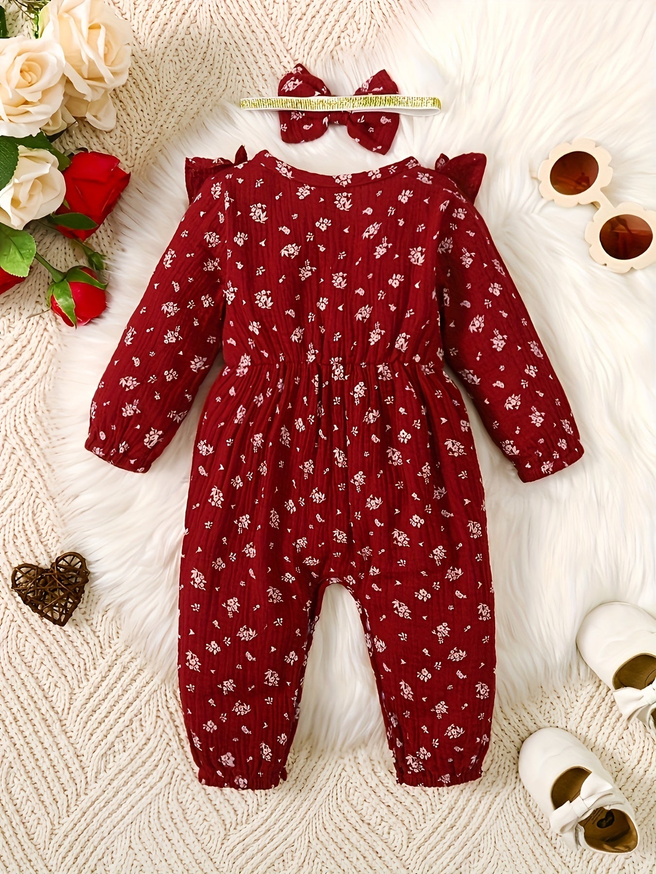2pcs Baby Girl Long Ruffled Sleeve Bow Bodysuit With Bandana