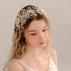 Golden Bead Faux Pearl Hairband Headband Princess Tiara