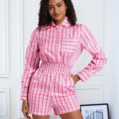 Plaid Pattern Waist Romper Jumpsuit Casual Long Sleeve Women's Clothing