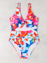 Floral Print V Neck One Piece Swimsuit