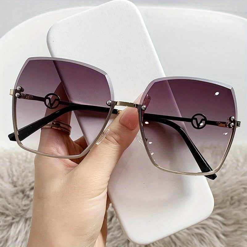 Oversized Gradient Lens Sunglasses Metal Temple Rimless Glasses UV400