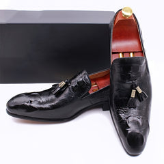 Men's Croc Print Leather Pointed Toe Tassel Loafers