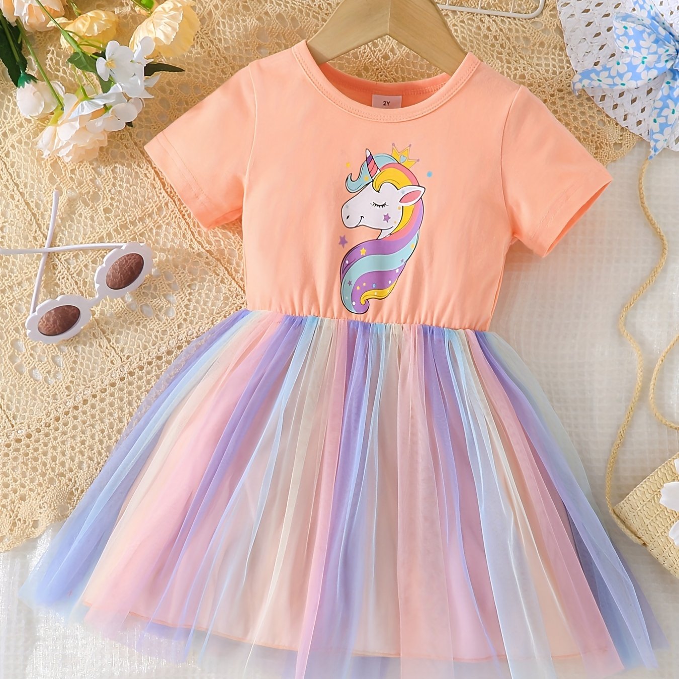 Toddler Girls Unicorn Graphic Mesh Princess Dress for Party