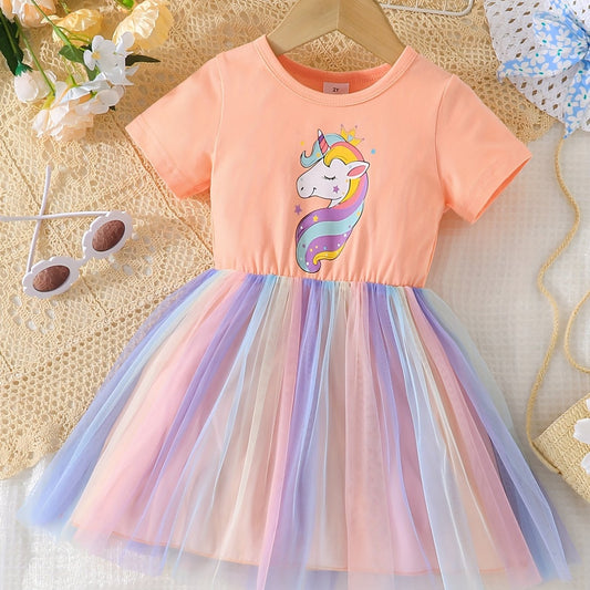 Toddler Girls Unicorn Graphic Mesh Princess Dress for Party
