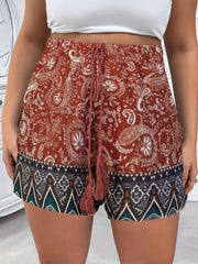 Boho Shorts Women's Plus Paisley Border Print Drawstring Vacay Shorts
