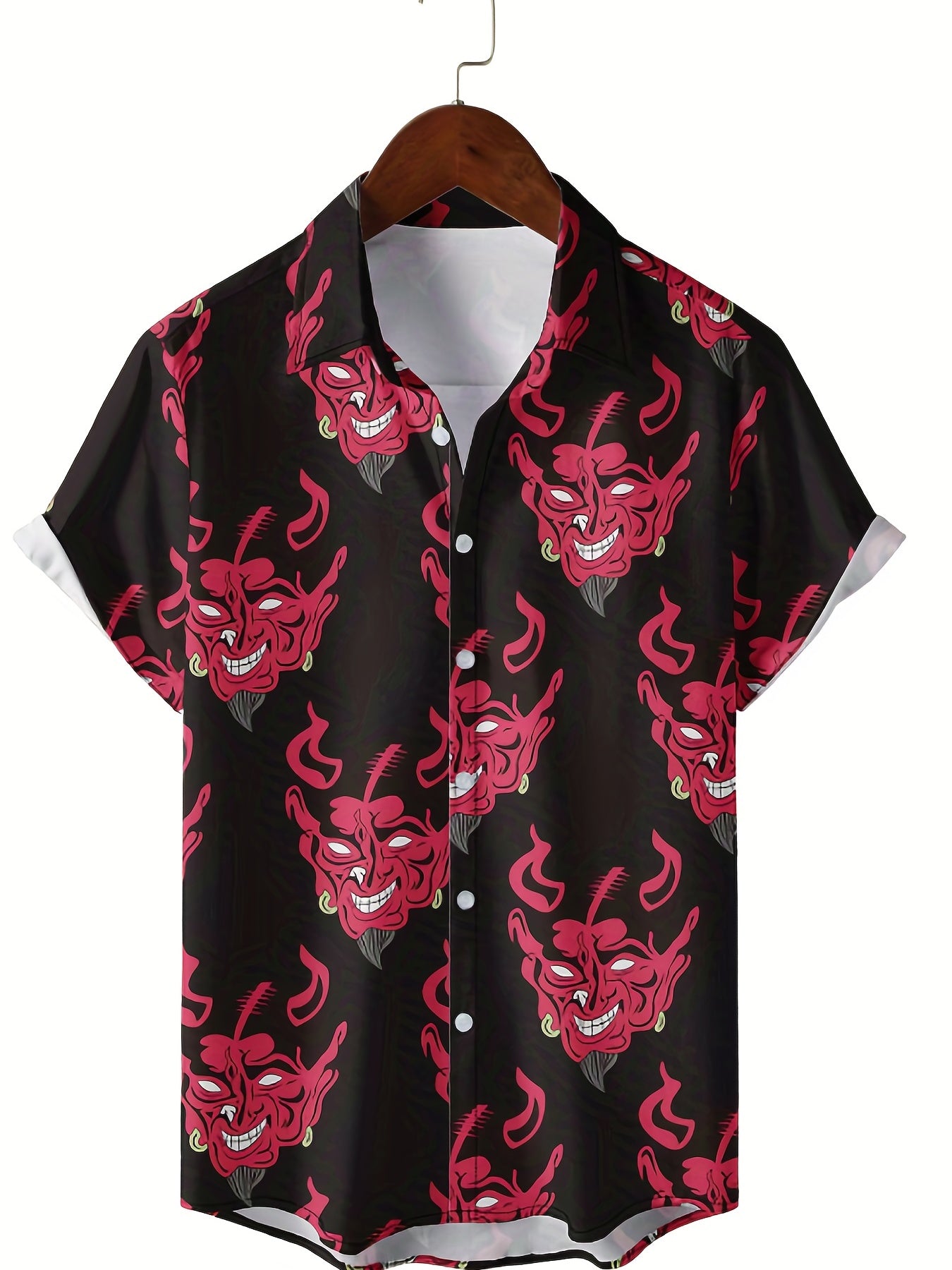 Demon Pattern Short Sleeve Shirt Men's Casual Button Up Shirt