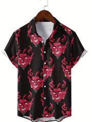 Demon Pattern Short Sleeve Shirt Men's Casual Button Up Shirt