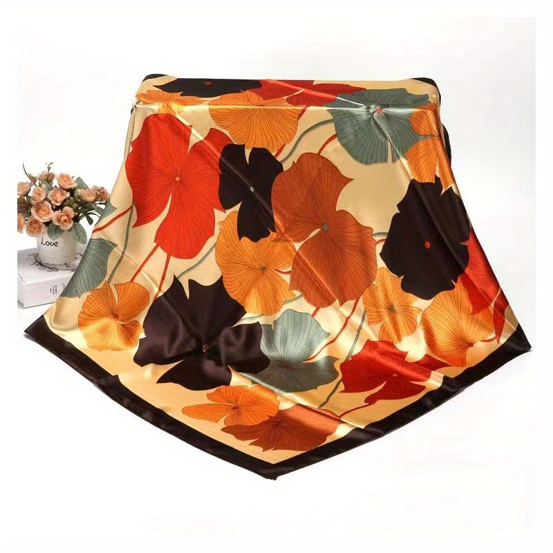 Lotus Print Satin Square Scarf Flower Bandana Women Casual Sunscreen Shawl