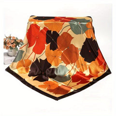 Lotus Print Satin Square Scarf Flower Bandana Women Casual Sunscreen Shawl