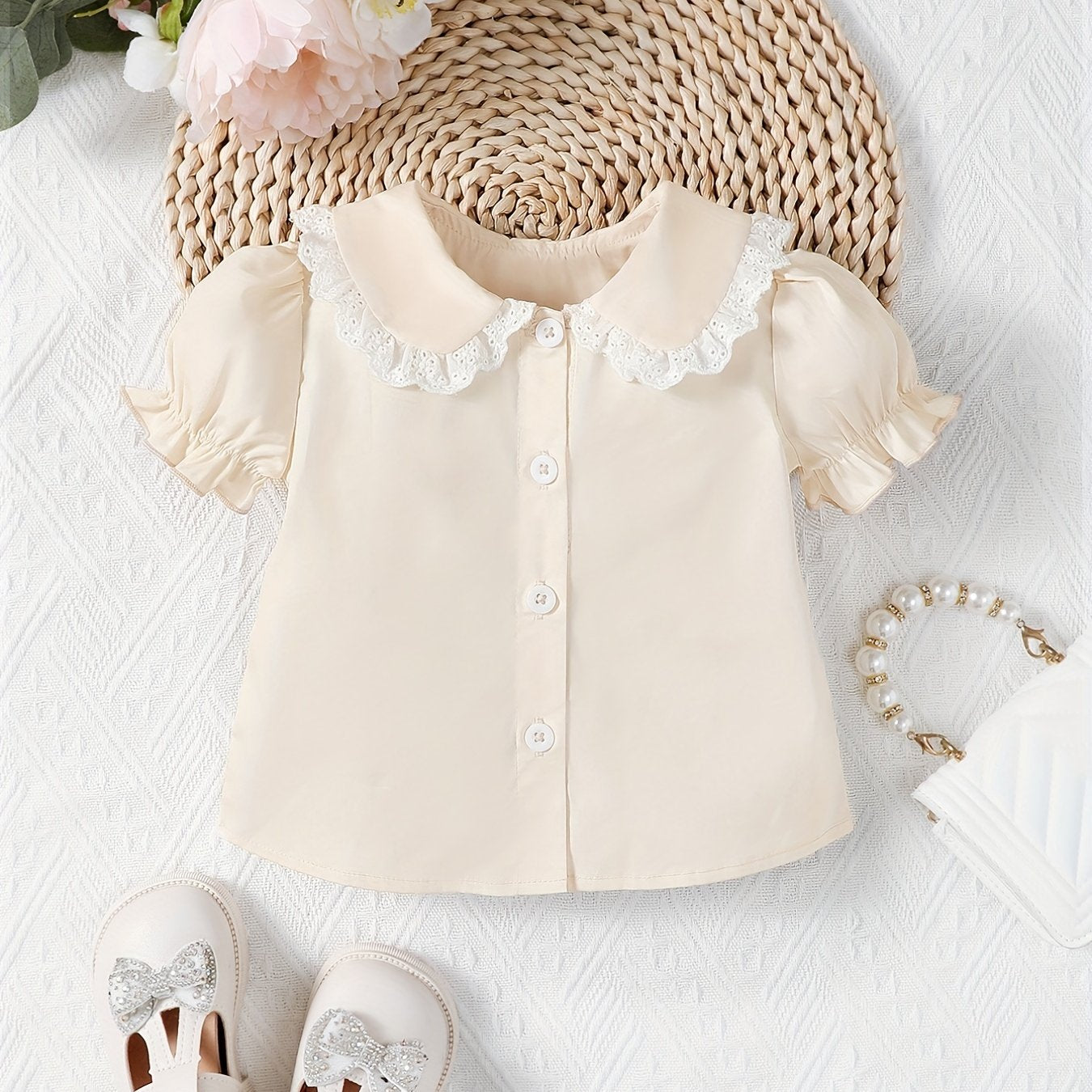 Girl's Lace Trim Doll Collar Ruffle Cuff Shirt