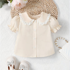 Girl's Lace Trim Doll Collar Ruffle Cuff Shirt