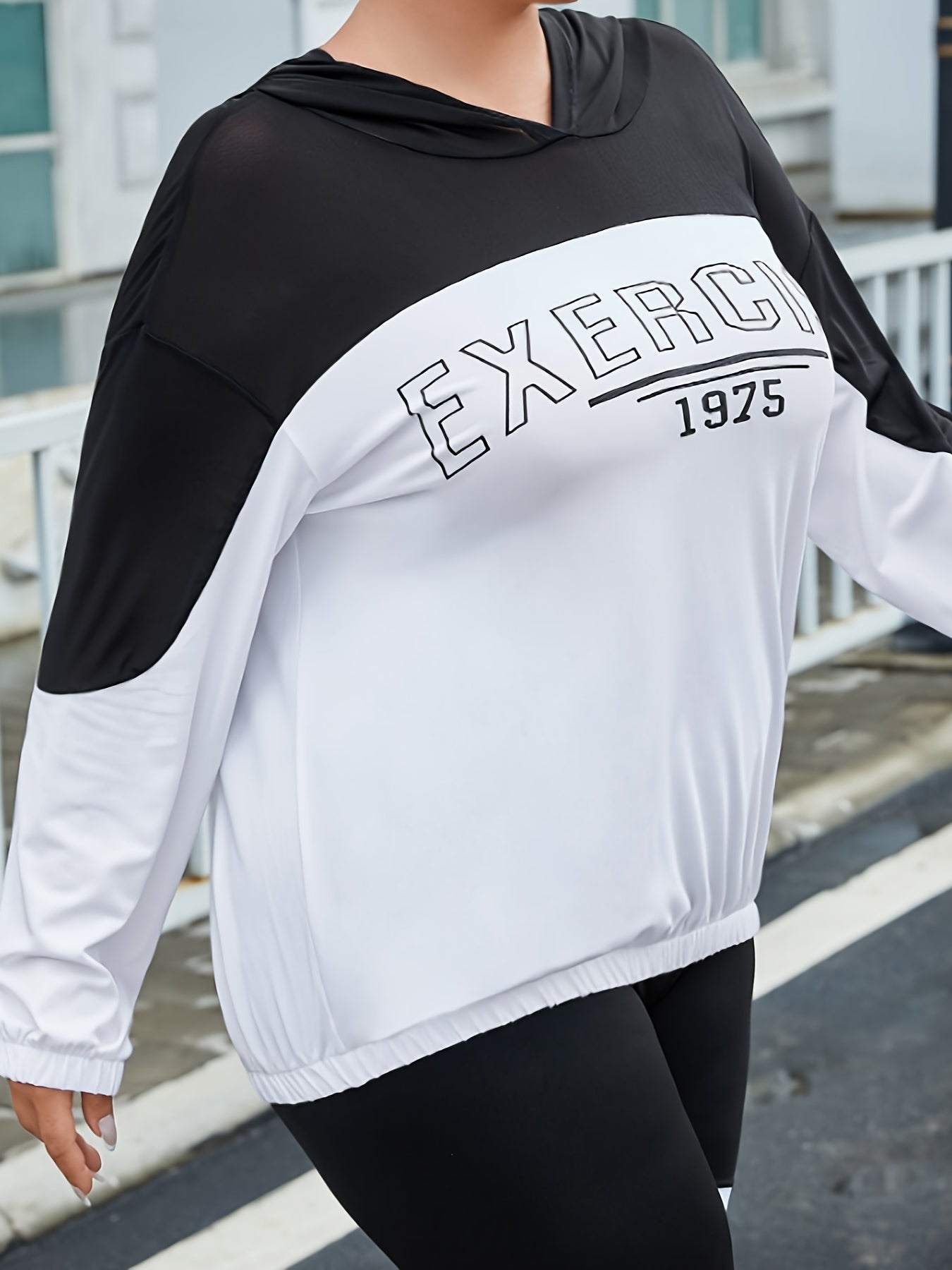 Colorblock Letter Print Hoodie Sports Top Plus Size