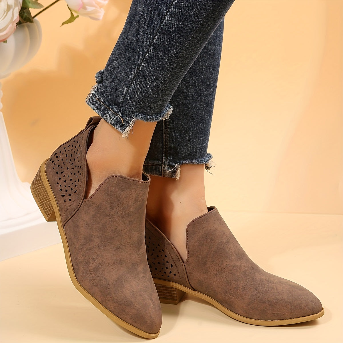 Women's Back Hollow Out Point Toe Chunky Heel Short Boots Slip On Ankle Boots