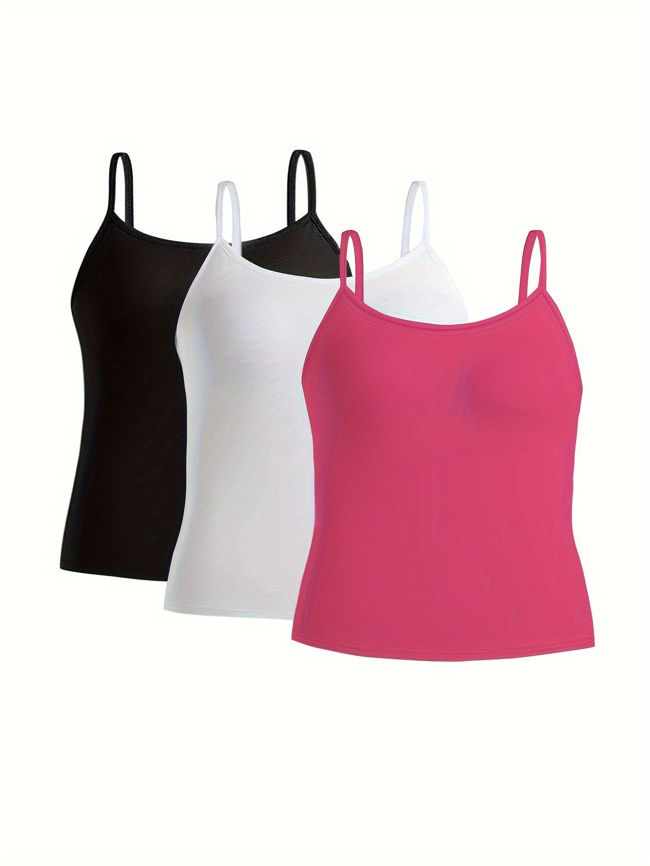3 Pack Plus Size Sexy Cami Top Set Women's Plus Solid Round Neck Medium Stretch