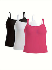 3 Pack Plus Size Sexy Cami Top Set Women's Plus Solid Round Neck Medium Stretch