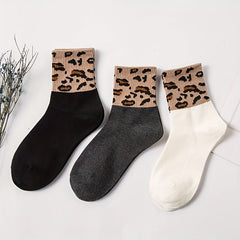 6 Pairs Leopard Stitching Socks Comfy Breathable Mid Tube Women's Stockings