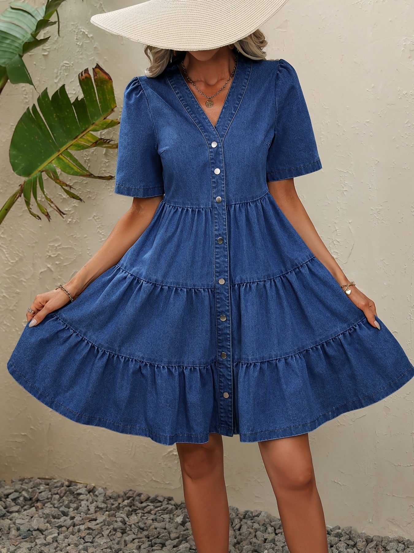V Neck Denim Dress Single Breasted Button Puff Short Sleeves Ruffle Denim Dress