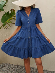 V Neck Denim Dress Single Breasted Button Puff Short Sleeves Ruffle Denim Dress