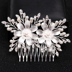 Bridal Rhinestone Hair Comb Clip with Faux Pearl Leaf