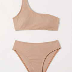 Girl's Ribbed Bikini Set One Shoulder Tank Top & Briefs