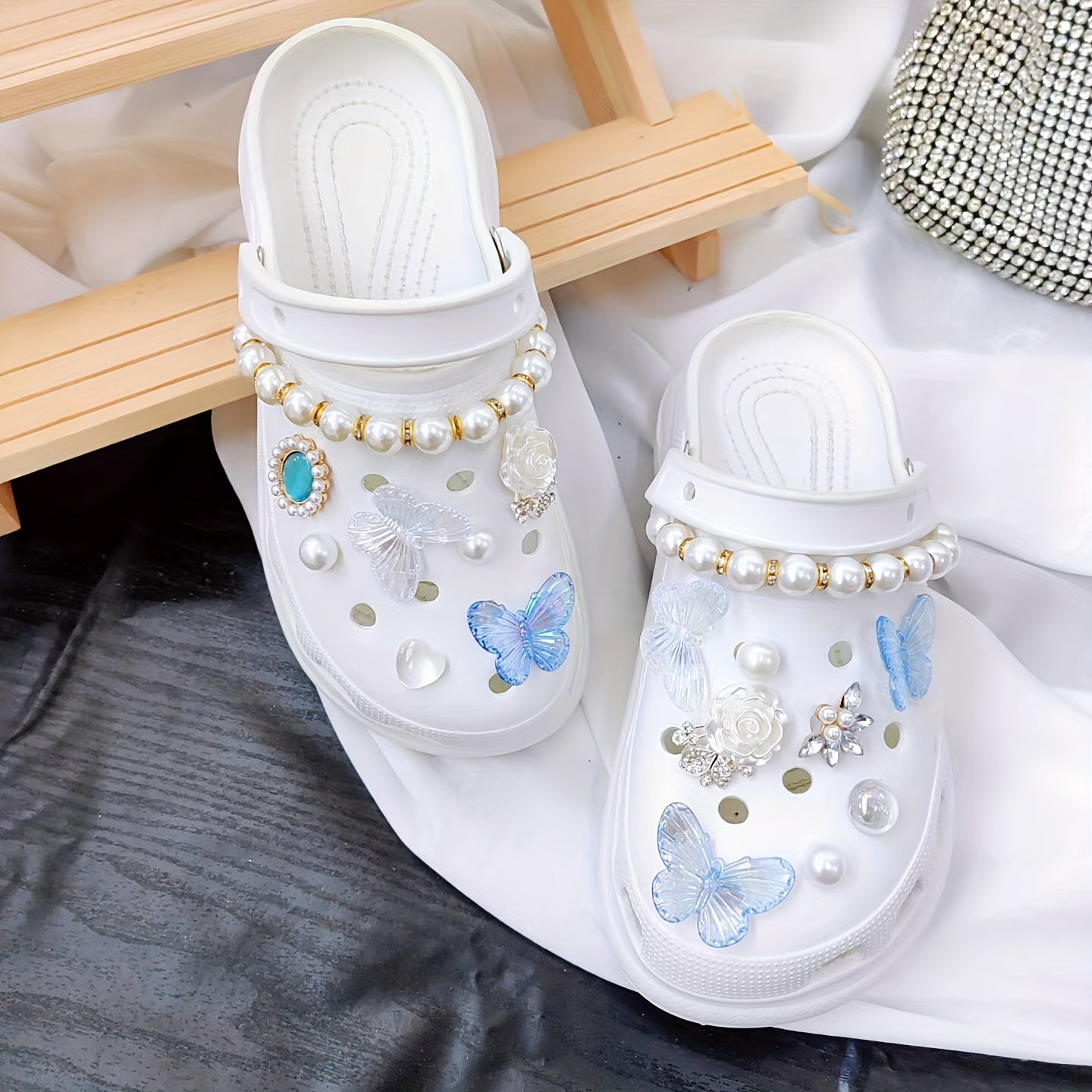 17Pcs Shoe Decoration Accessories Butterfly Flower Pearl Chain Charms