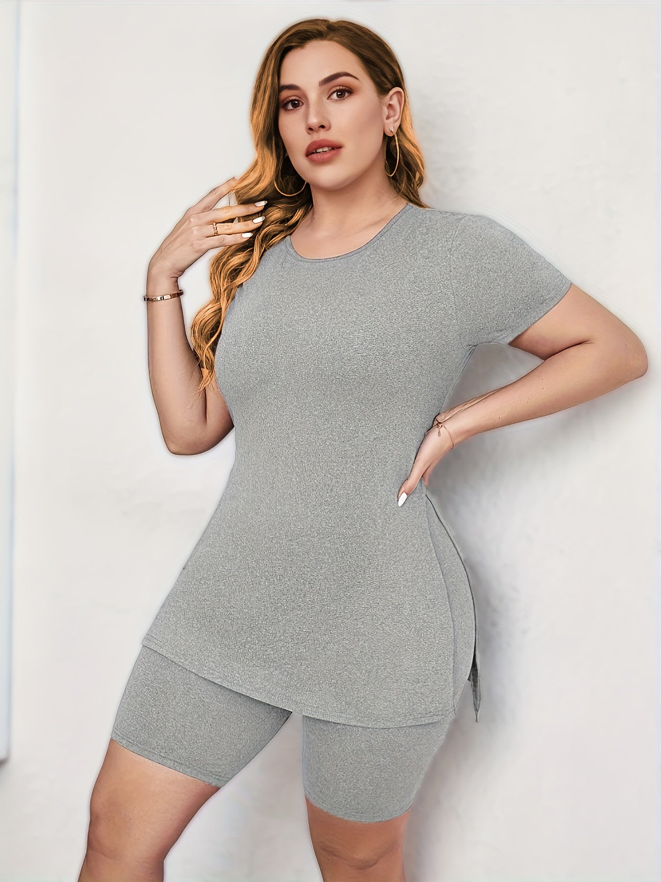 Solid Top & Biker Shorts Outfit Set