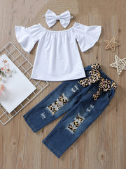 4pc Toddler Girls Off Shoulder Top & Jeans Set w/ Leopard Belt & Headband