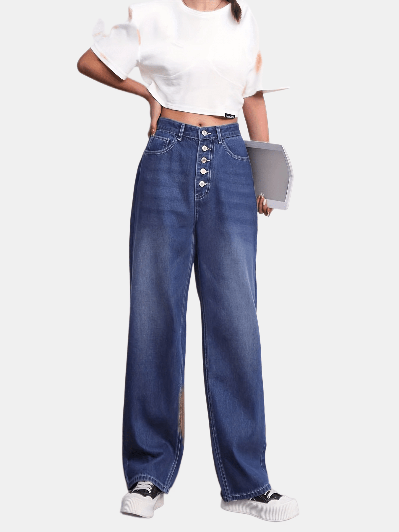 Button Fly Whiskering Straight Leg Jeans High Waist Casual Denim Pants