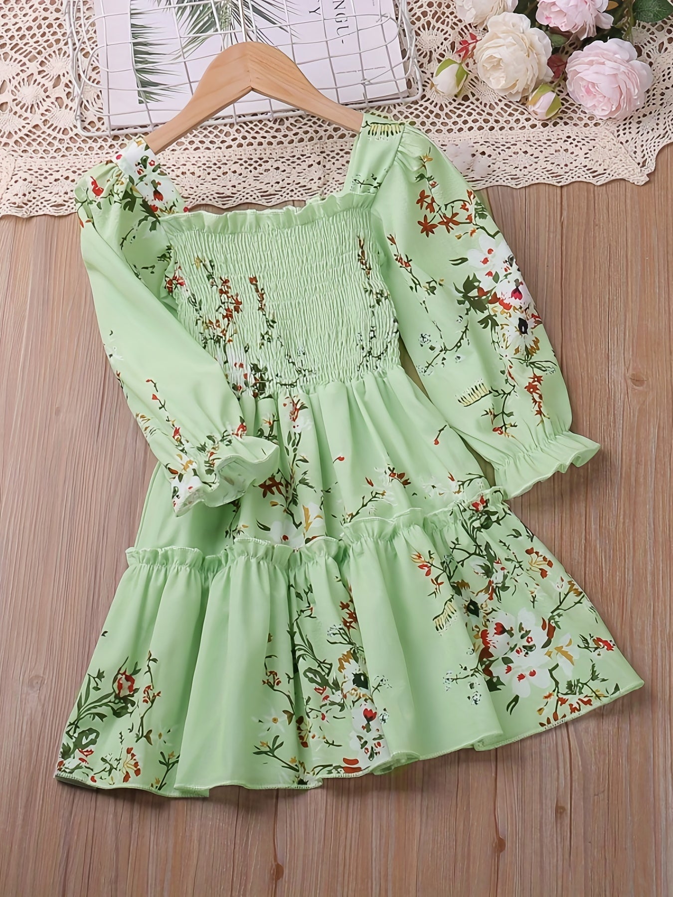 Girls' Shirred Flowers Long Sleeve Dress Kids Party Holiday Summer