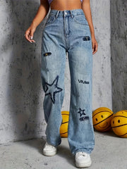 Star Letter Embroidery High Rise Straight Jeans