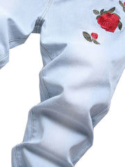 Men s Floral Embroidery Slim Fit Stretch Denim Jeans